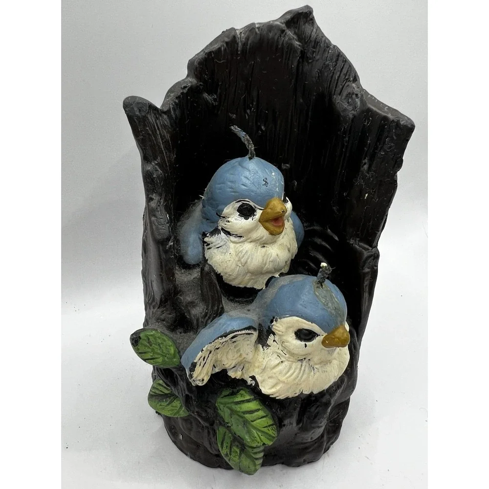 Vintage BLUE BIRDS Candle wax Figure Painted in Tree 1970s Excellent 3-D